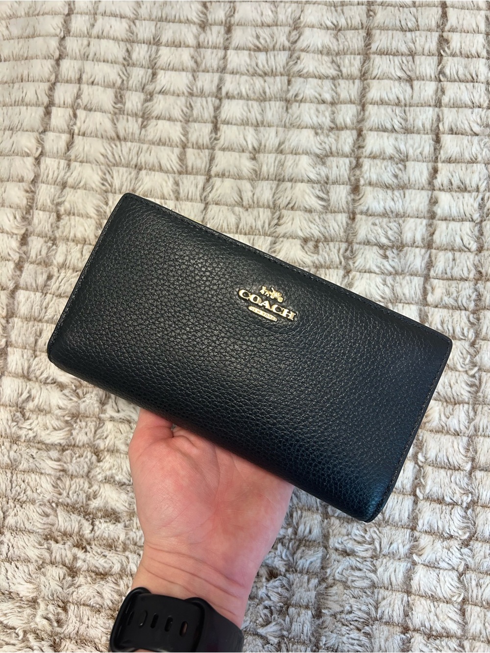 Coach Black Pebbled Leather Continental Zip Wallet with Gold Logo